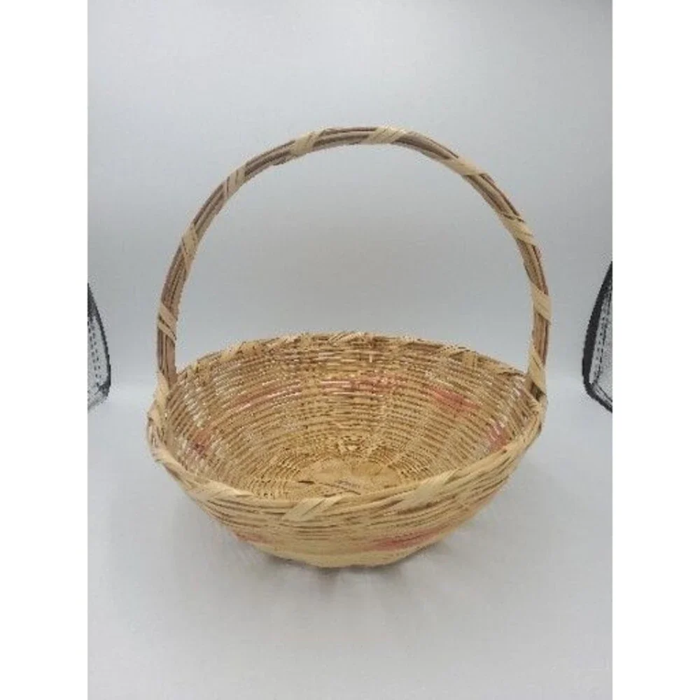 Vintage Woven Easter Basket Pink Bands Handle Made in Mexico 12